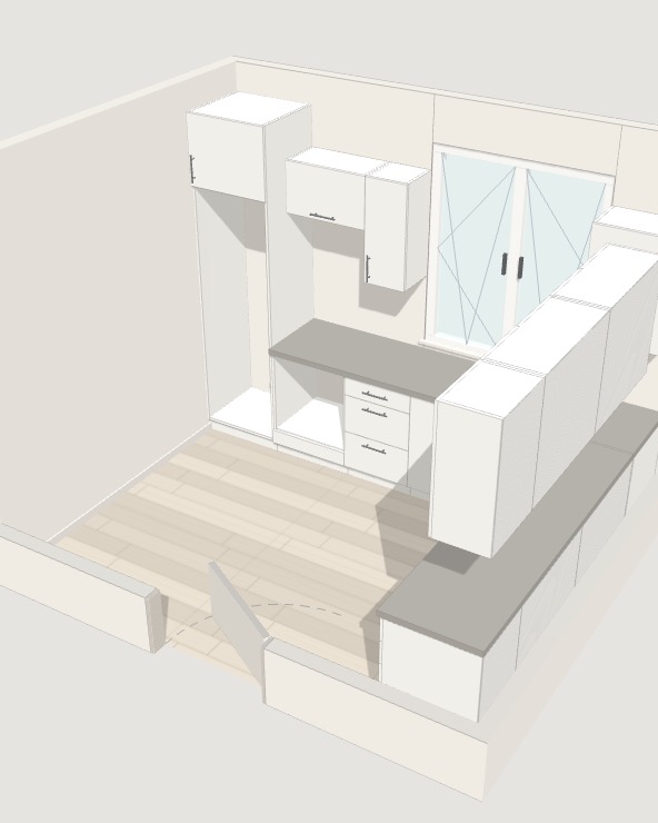 Kuchnia zaprojektowana w kreatorze Comodino – widok 3D z szafkami dolnymi, górnymi i słupkiem